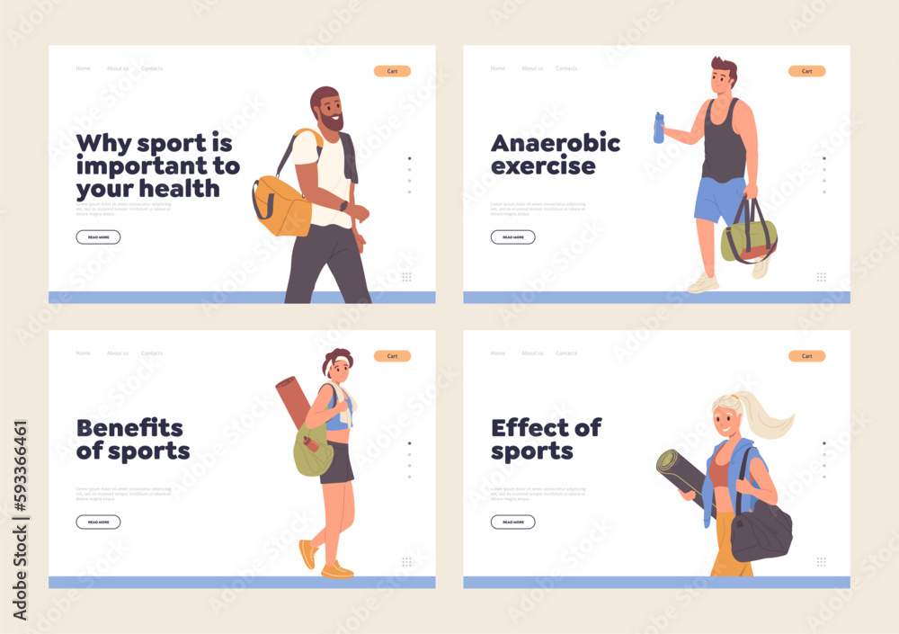 Effect and benefits of sport landing page set with happy sportive people going for workout training