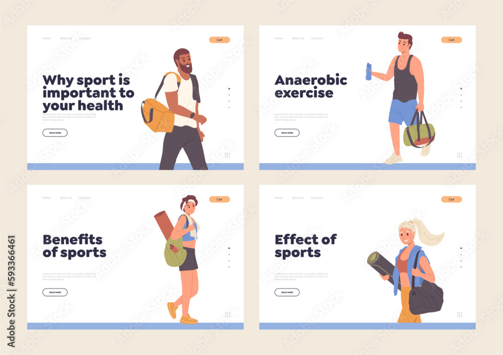 Effect and benefits of sport landing page set with happy sportive people going for workout training Effect and benefits of sport landing page set with happy sportive people going for workout training
