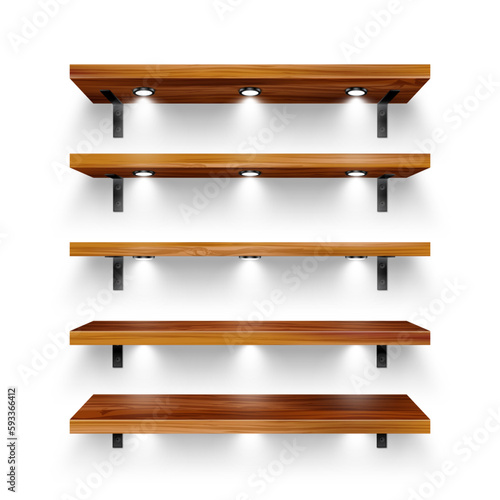 Realistic wooden store shelves with wall mount and lighting, spotlights. Empty product shelf, grocery wall rack. Mall and supermarket furniture, bookshelf. Interior design. Vector illustration