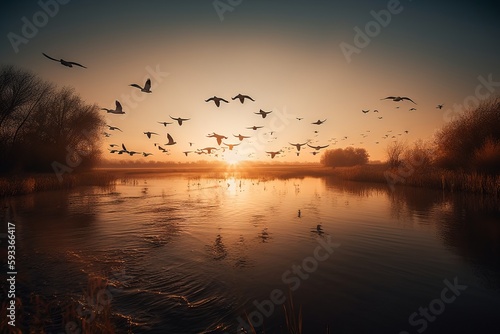 Take an aerial shot of a flock of geese flying over a lake