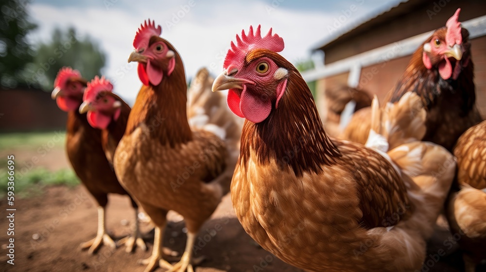 Chickens on the farm, close-up. Generative AI