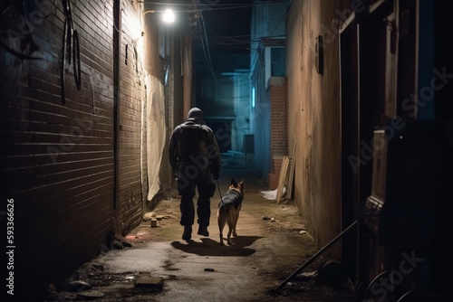 A K-9 unit tracks down a suspect in a dark alleyway