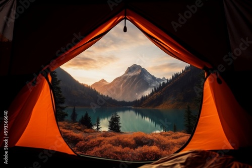 View from inside an orange tent, clear blue lake in a forest