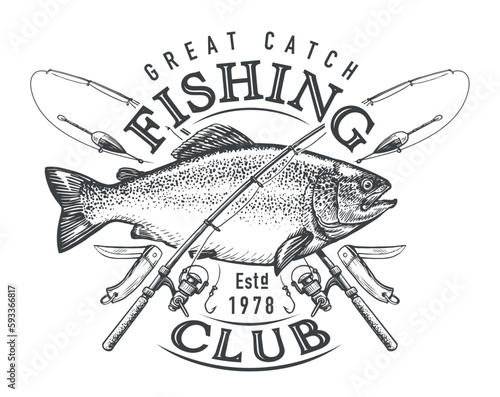 Fishing club emblem. Outdoor sports lifestyle concept. Great fish catch, sketch vector illustration