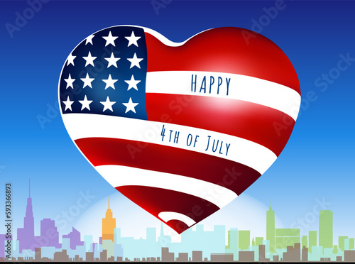 Happy Independence day vector illustration with heart, american flag and megapolis cityscape silhouette. 4th of July, United Stated independence day. Design for posters, banners, flyers, greeting card