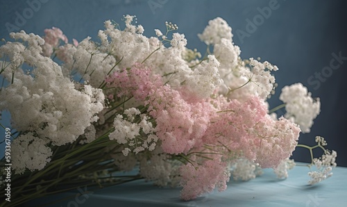 a bunch of white and pink flowers on a blue table. generative ai