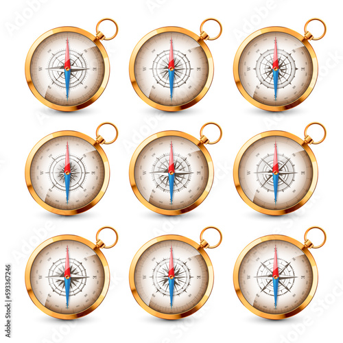 Vintage compass, marine wind rose with cardinal directions of North, East, South, West. Realistic golden navigational compass, shiny metal. Cartography and navigation. Vector illustration