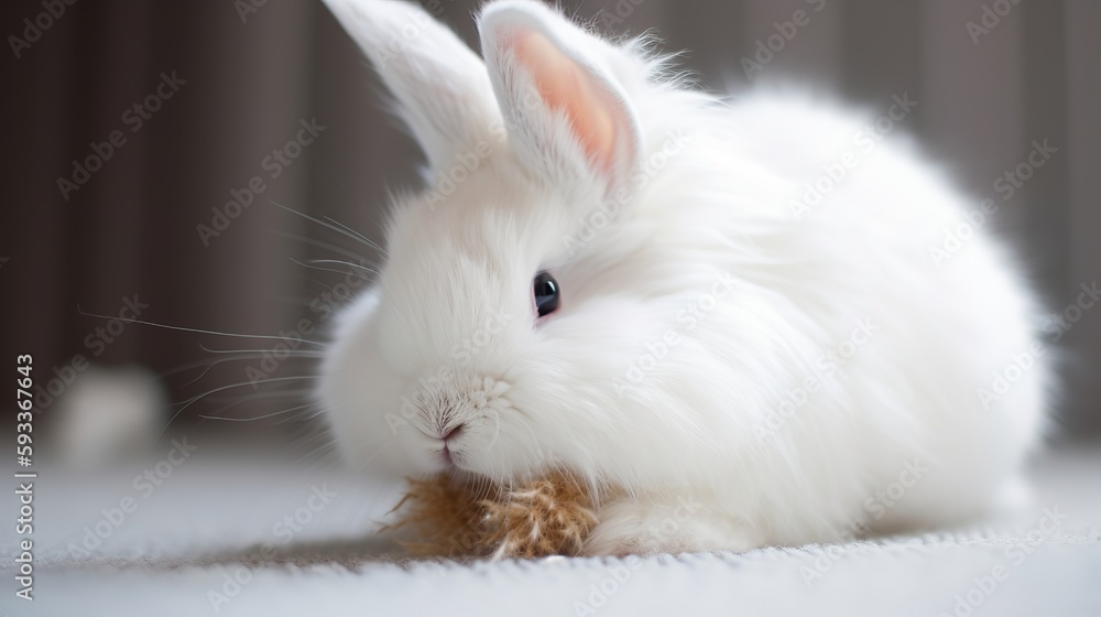 Angora Rabbit Playtime - An Angora Rabbit playing with a toy in a cozy environment Angora Rabbit Playtime - An Angora Rabbit playing with a toy in a cozy environment
