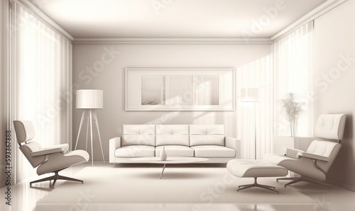  a living room with a white couch and chair and a lamp.  generative ai