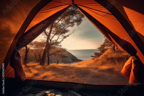 View from inside an orange tent, looking out over a cliff and the sea