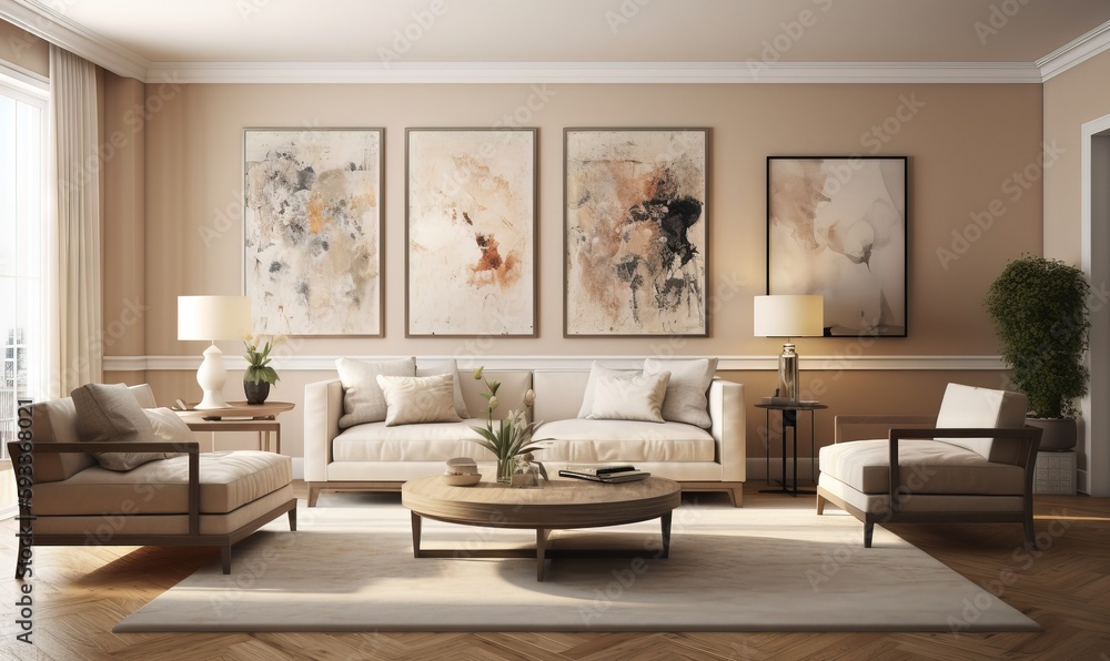 Fototapeta premium a living room filled with furniture and a painting on the wall. generative ai