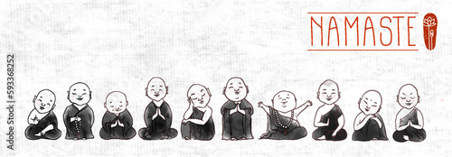 Cute buddhist monks hand drawn with ink on rice paper background. Traditional oriental ink painting sumi-e, u-sin, go-hua on rice paper background. Illustration with Jizo japanese deity.
