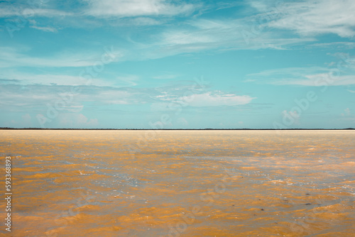 Fototapeta Naklejka Na Ścianę i Meble -  The impressive colors of the Laguna de Oviedo lagoon, in the south of the Dominican Republic, near Pedernales. Brown metallic water, blue sky.