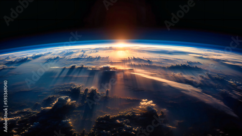 The sun rising over the earth is visible from space
