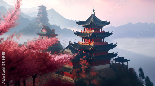 Beautiful Asian temples with pink sakura trees in a misty, fantasy mountain landscape, generative ai