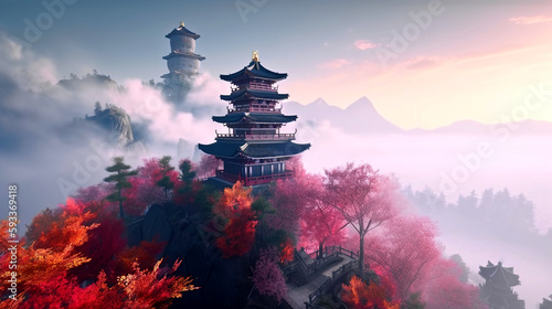A beautiful temple on a misty mountain surrounded by sakura trees, generative ai photo