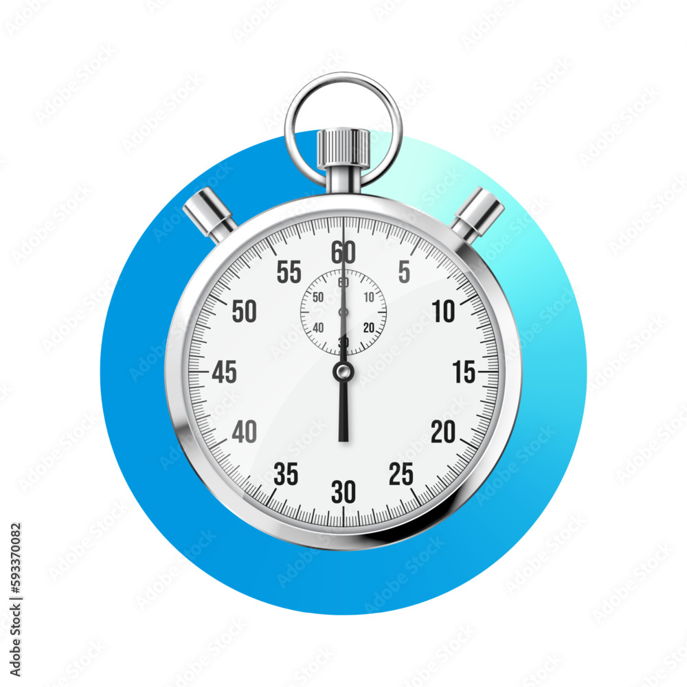 Realistic classic stopwatch. Shiny metal chronometer, time counter with dial. Blue countdown timer showing minutes and seconds. Time measurement for sport, start and finish. Vector illustration Realistic classic stopwatch. Shiny metal chronometer, time counter with dial. Blue countdown timer showing minutes and seconds. Time measurement for sport, start and finish. Vector illustration
