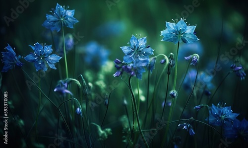  a bunch of blue flowers that are in the grass together. generative ai
