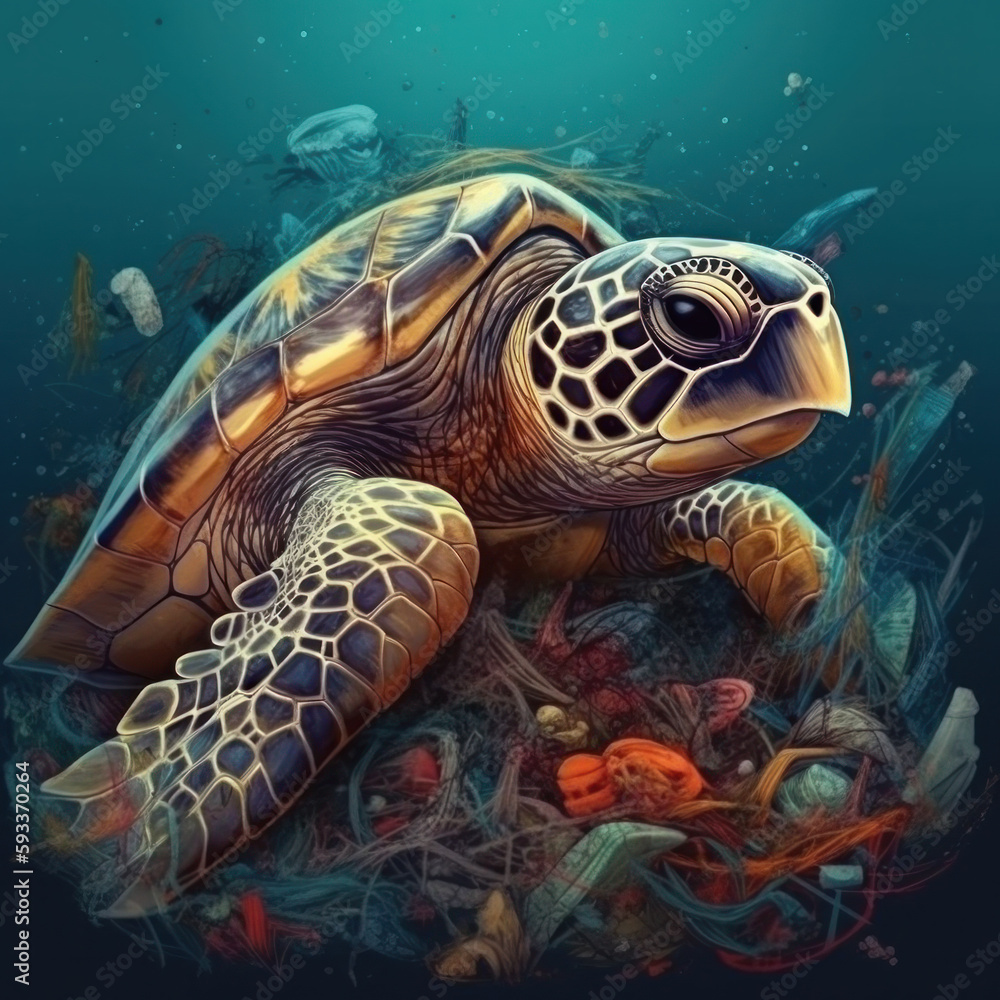 Fototapeta premium Turtle on garbage in sea. Pollution problems. Generative AI.