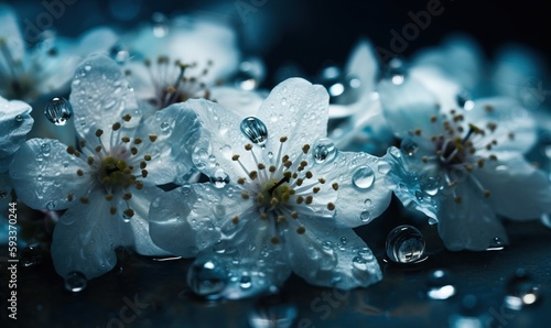  a bunch of white flowers with water droplets on them on a table. generative ai