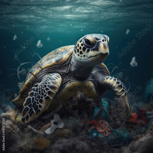 Turtle on garbage in sea. Environment problems. Generative AI.