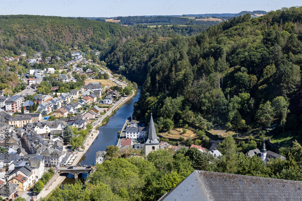 Beautiful landscape with river and village in luxembourg.
