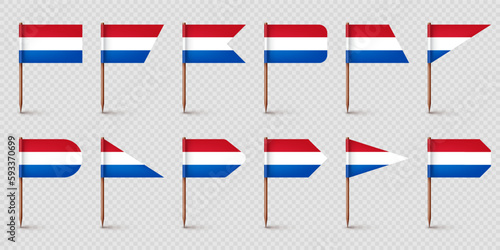 Realistic various Dutch toothpick flags. Souvenir from Netherlands. Wooden toothpicks with paper flag. Location mark, map pointer. Blank mockup for advertising and promotions. Vector illustration
