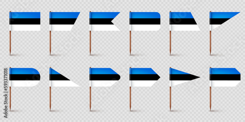 Realistic various Estonian toothpick flags. Souvenir from Estonia. Wooden toothpicks with paper flag. Location mark, map pointer. Blank mockup for advertising and promotions. Vector illustration