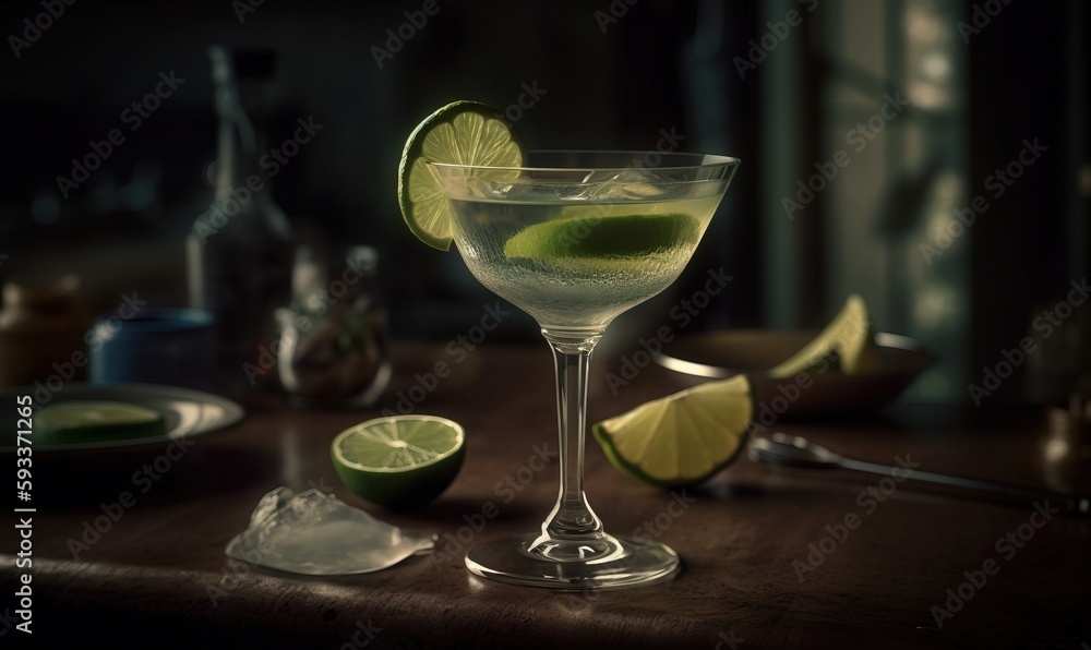  a glass filled with a lime and a lime slice on a table.  generative ai