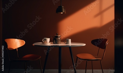  a table with two chairs and a coffee mug on it. generative ai