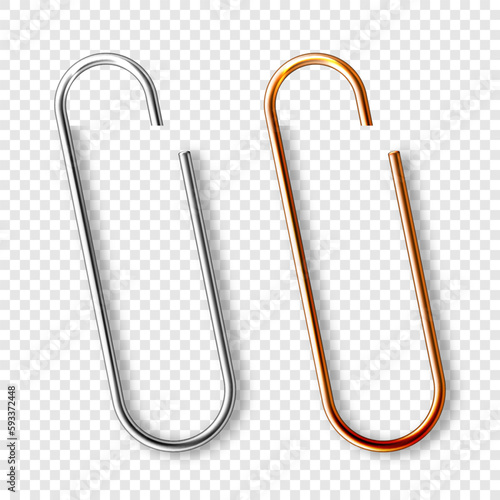 Realistic copper and steel paperclips attached to paper. Shiny metal paper clip, page holder, binder. Workplace office supplies. Vector illustration