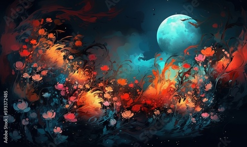  a painting of a full moon in the sky with flowers.  generative ai