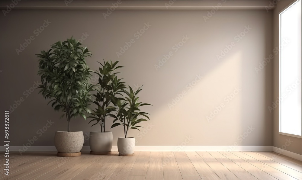  three potted plants in front of a window in a room.  generative ai