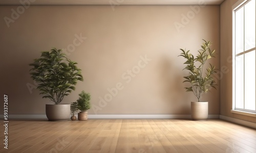  two potted plants sitting on a wooden floor next to a window.  generative ai