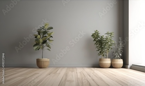  three potted plants in front of a window on a wooden floor.  generative ai