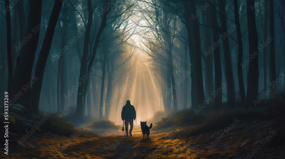 A man walks in the morning in the forest with a dog created with generative AI technology A man walks in the morning in the forest with a dog created with generative AI technology