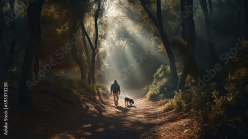 A man walks in the morning in the forest with a dog created with generative AI technology