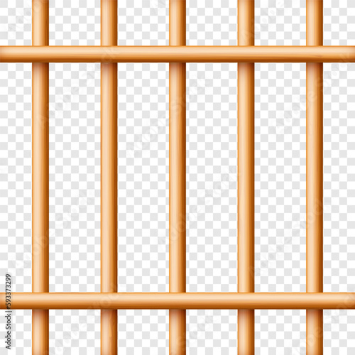 Realistic wooden lattice, rural picket fence. Farm or village house boundary, garden enclosing planks. Detailed wooden jail cage. Criminal background mockup. Creative vector illustration
