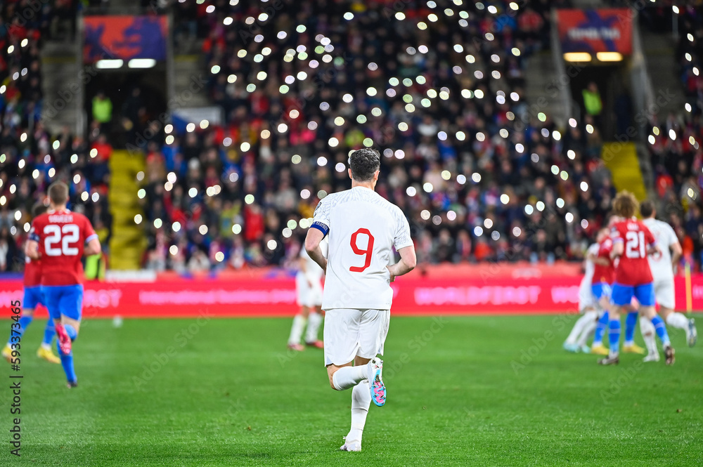 Soccer player with number 9 on his back during the match.