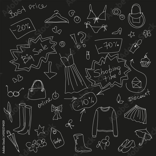 Set of doodle clothes and spring accessories in outline sketch. Spring woman fashion. Spring sale illustrations for white outline on black board. Use for fabrics, Wallpaper, background, packaging.