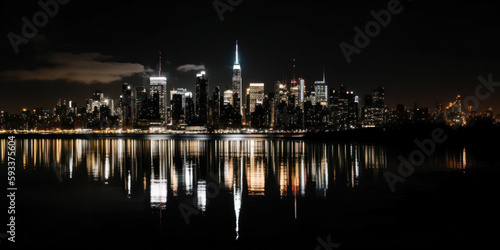 night cityscape in the distance with bright lighting over the water. reflection in the water. Generative AI © Margo_Alexa