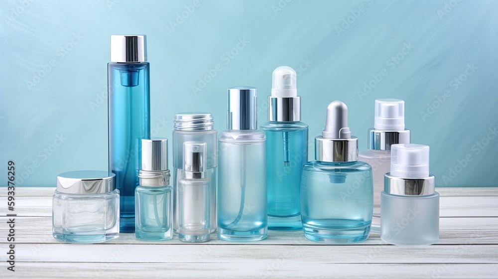 Cosmetic Bottles Collection on Wooden Background. Generative AI. Cosmetic Bottles Collection on Wooden Background. Generative AI.