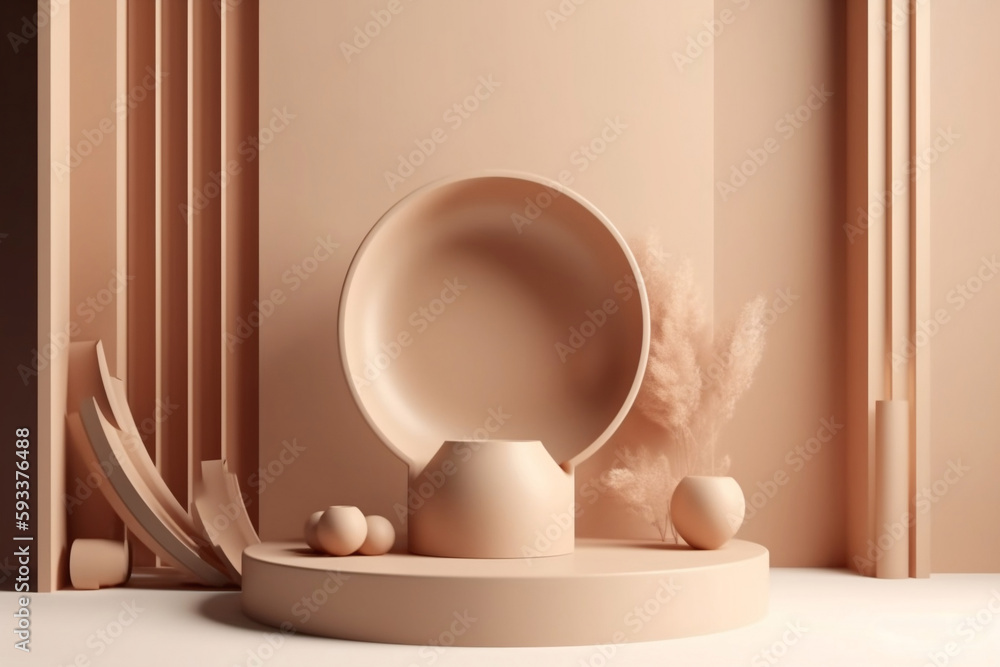 Beige pedestal with round frame for beauty product promotion on studio background. Skin color diversity. Generative ai. Beige pedestal with round frame for beauty product promotion on studio background. Skin color diversity. Generative ai.