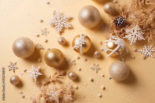 Top view photo of christmas decorations snow branches on isolated beige background with copyspace. AI generative