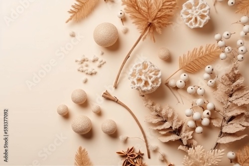 Top view photo of christmas decorations snow branches on isolated beige background with copyspace. AI generative