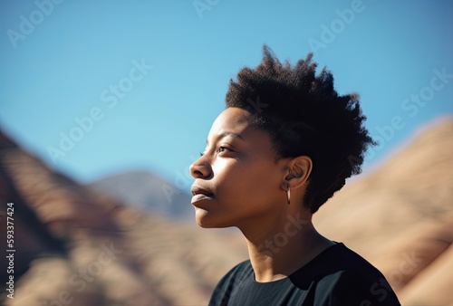 Strong African American Woman: Profile View Outdoors. Generative AI.