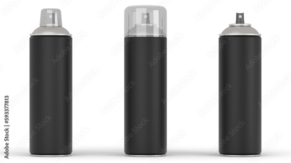 3d rendering of three black spray cans with different caps on white background. 3d rendering of three black spray cans with different caps on white background.