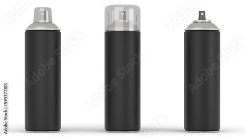 3d rendering of three black spray cans with different caps on white background.