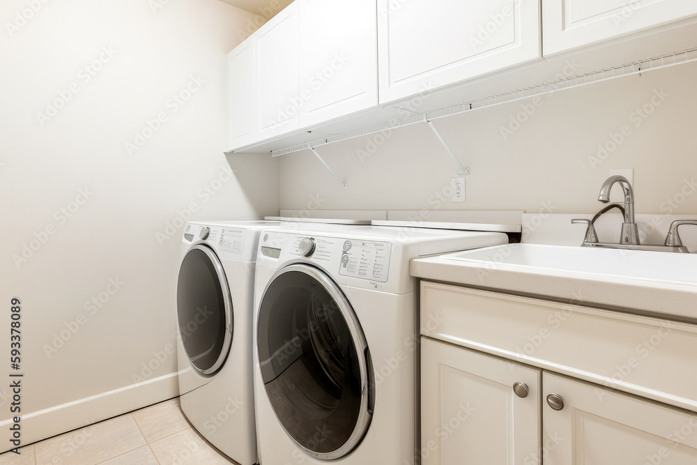 Laundry room with washers and dryers in a modern style, minimalist design, white walls, copy space. High quality generative ai Laundry room with washers and dryers in a modern style, minimalist design, white walls, copy space. High quality generative ai