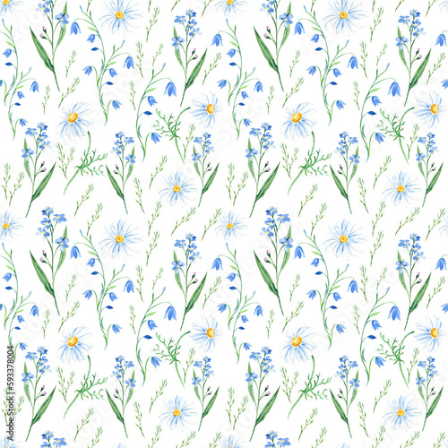 Seamless watercolor pattern with wildflowers bluebell, forget-me-not, camomile on white background. Can be used for fabric prints, gift wrapping paper, kitchen textile.